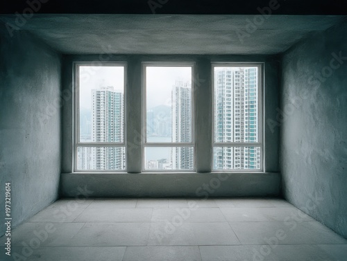 Empty concrete room interior with three large windows revealing a modern cityscape view
