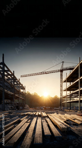 As dawn breaks, a serene construction site awakens under a golden sky. Wooden boards stretch across the ground while cranes stand tall, ready for the day's labor