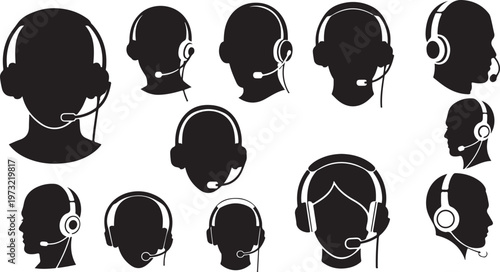 customer service support headset silhouette set black.