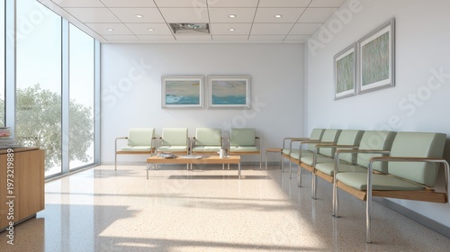 Modern Doctor's Office Waiting Room with Natural Light and Contemporary Seating Arrangement