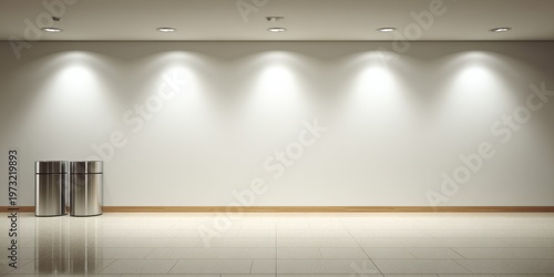 Clean, minimalist gallery or exhibition space with spotlights and two modern trash receptacles