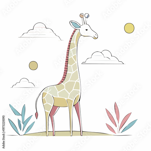 Giraffe standing on green grass ground.