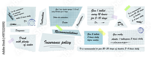 Set of doctor prescription notes, medical instructions on torn paper pieces. Handwritten treatment recommendations, dosage notes for patient. Healthcare concept with sticky notes, stamps, signatures.