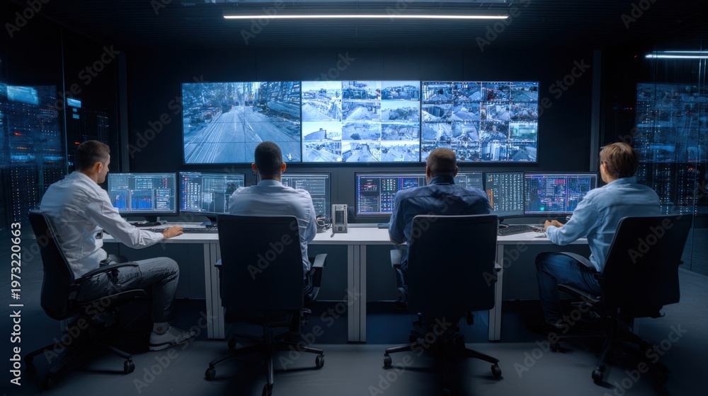 Naklejka premium Four professionals monitor multiple screens showing surveillance footage in a dark, high-tech control room