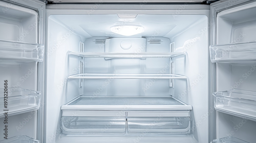 Fototapeta premium Empty, Clean Refrigerator Interior with Illuminated Shelves and Door Compartments