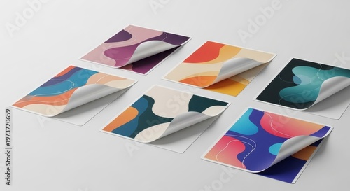 Abstract Colorful Wavy Shapes on Square Stickers with Curled Corners, Set of Six Unique Designs.