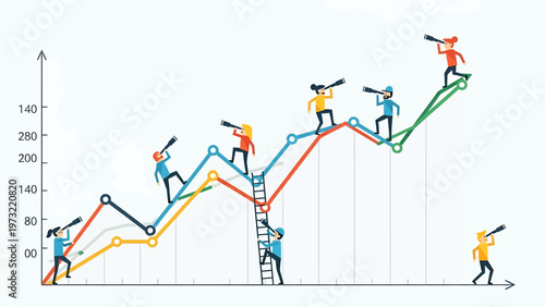 Business people climbing colorful graph with magnifying glasses success concept its only illustration