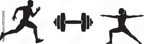 fitness icons running dumbbell yoga silhouette set black.
