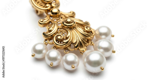Earring Featuring Baroque Filigree Gold Design with Lustrous White Pearls