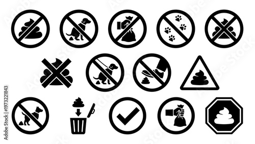 Dog Waste Prohibition Signs Silhouette Set – No Dog Poop, Clean Up After Your Dog Icons