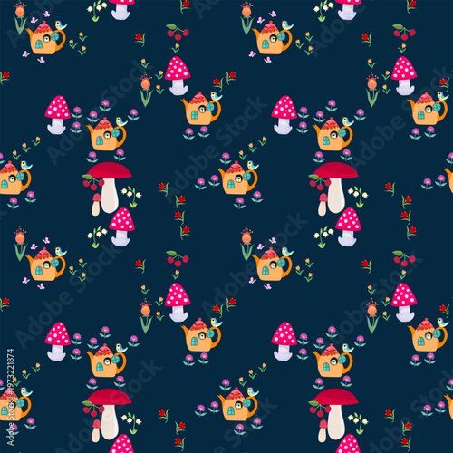 Seamless pattern with fairytale houses - teapots, birds, flowers, mushrooms. ...