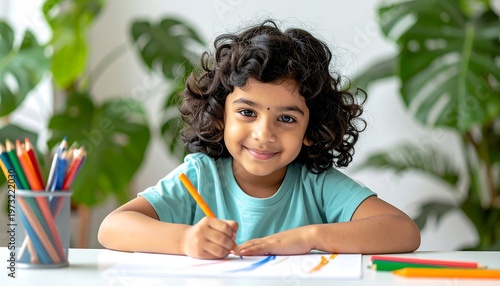 A young girl with curly hair is happily drawing with colored pencils at a desk.
