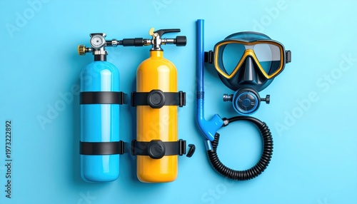 Essential scuba diving gear displayed on vibrant blue background for underwater adventures