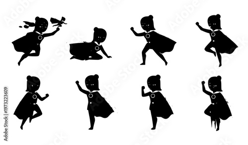 Female superhero cartoon character set with yellow cape in dynamic action poses flat vector illustration