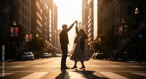 Silhouettes of a happy couple dancing romantically in a sun-drenched city street at sunset