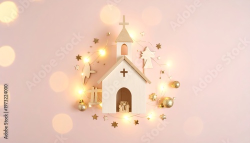 Charming Christmas Church Decoration on Soft Pink Background with Stars