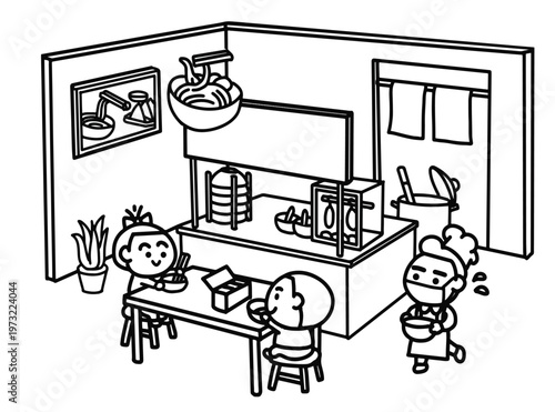 Isometric Cartoon of Children Eating Ramen at a Cute Noodle Shop