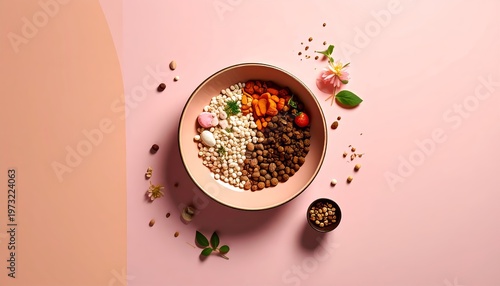 Balanced food bowl presentation with floral and botanical accents, pastel background