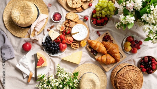 Elegant picnic spread featuring fresh fruit, pastries, cheese and straw hats