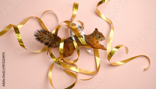 Festive Squirrel Antics: A playful critter tangled in holiday ribbons adventure