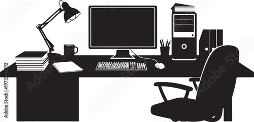 office desk workspace computer silhouette set black.