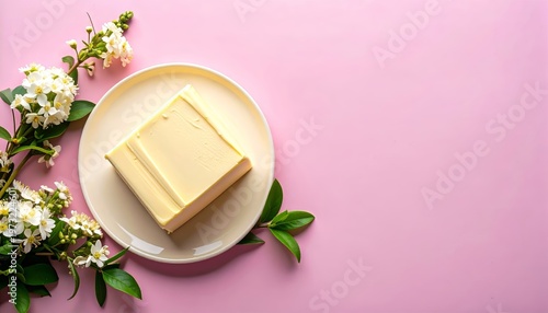 Fresh butter on a plate with white blossoms against a pink backdrop