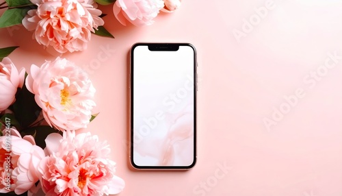 Elegant Smartphone Display Mockup with Pink Peonies on Pastel Backdrop Scene