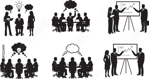 startup business team brainstorming idea silhouette set black