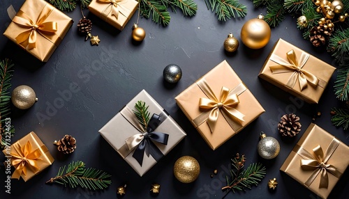 Elegant Christmas presents with golden ornaments and pine branches decoration