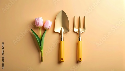 Spring awakening: Golden gardening tools with delicate pink tulips on beige backdrop