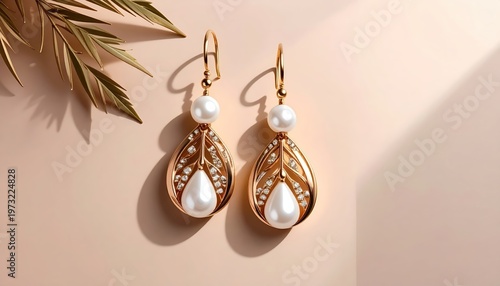 Elegant pearl earrings on pastel background with palm leaf accents