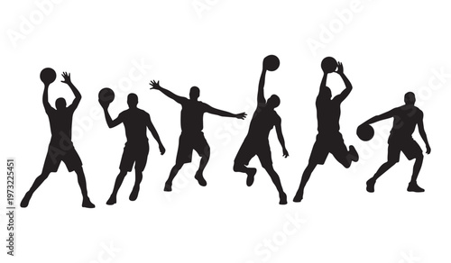 Six dynamic black silhouettes of male basketball players demonstrating various actions on a white background