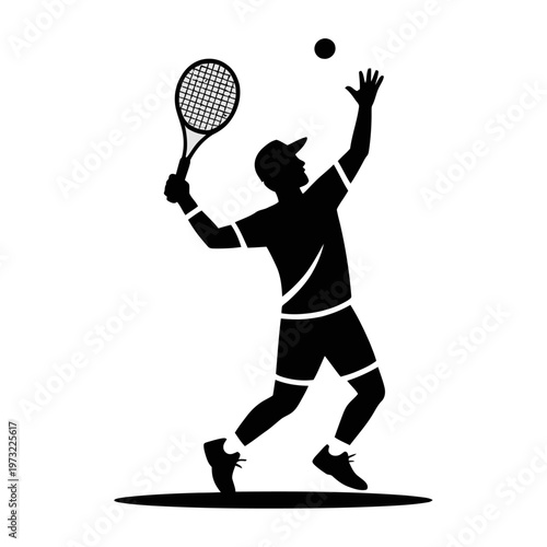 Vector silhouette of a tennis player serving a ball with a racket