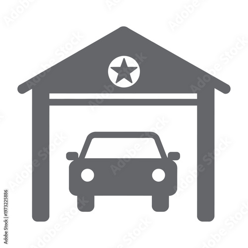 Vector of a car parked inside a garage under a roof with a star