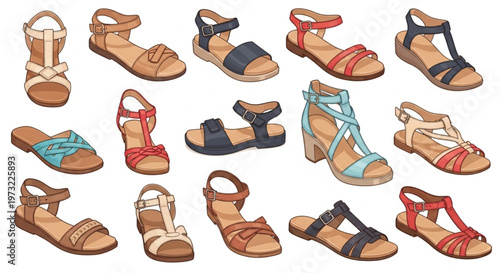 A collection of various women's sandals in different colors and styles on a white background