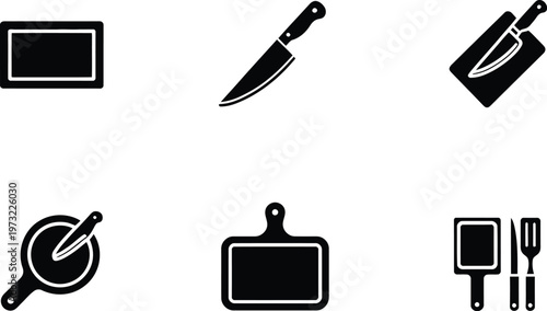 Six Black Silhouettes of Kitchen Utensils and Cutting Boards knife spatula