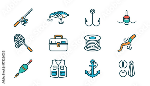 Fishing icons and equipment illustrations.
