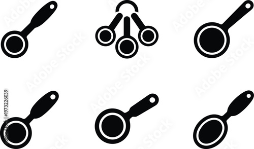 Six Black Silhouettes of Measuring Spoons and a Set on White Background kitchen cooking