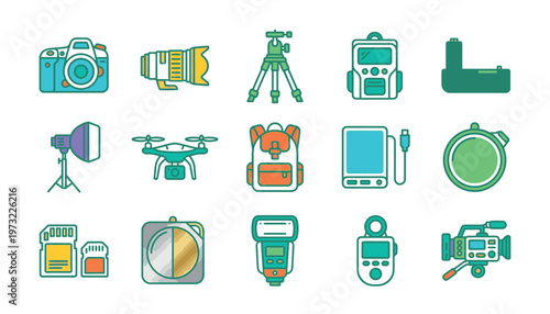 Collection of various camera and photography equipment icons.