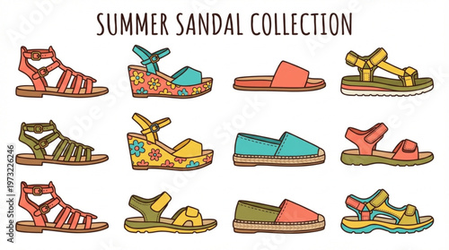 A colorful assortment of cartoon summer sandals on display
