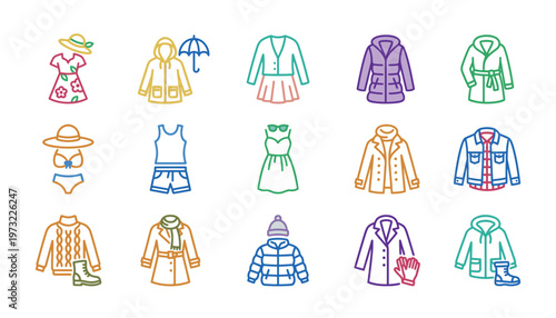 Collection of colorful clothing icons and accessories.