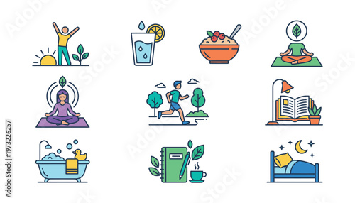 Colorful icons representing daily wellness activities.