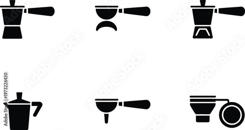 Six Black Icons of Coffee Makers and Espresso Portafilters moka pot