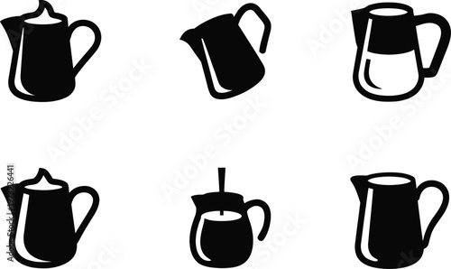 Six Black Icons of Pitchers and Jugs with Liquid pouring milk
