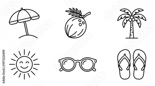 A set of six black line icons depicting summer vacation symbols on a white background