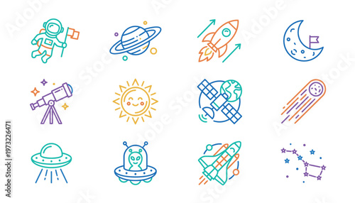 A collection of colorful space icons.