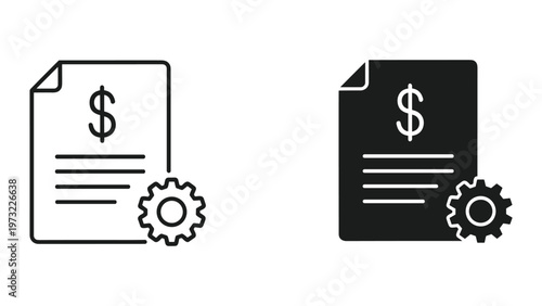 Two financial document icons with gear symbols on a white background for business and finance concepts