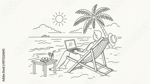 A man relaxes on a beach chair under a palm tree with a laptop and coffee on a table