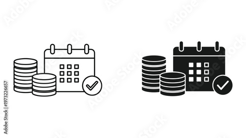 Two calendar icons with coins and checkmarks on a white background representing financial planning and organization