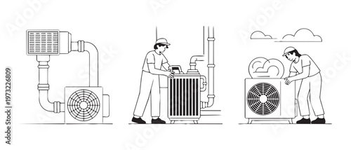 Three line art illustrations show HVAC systems and technicians performing maintenance or installation tasks